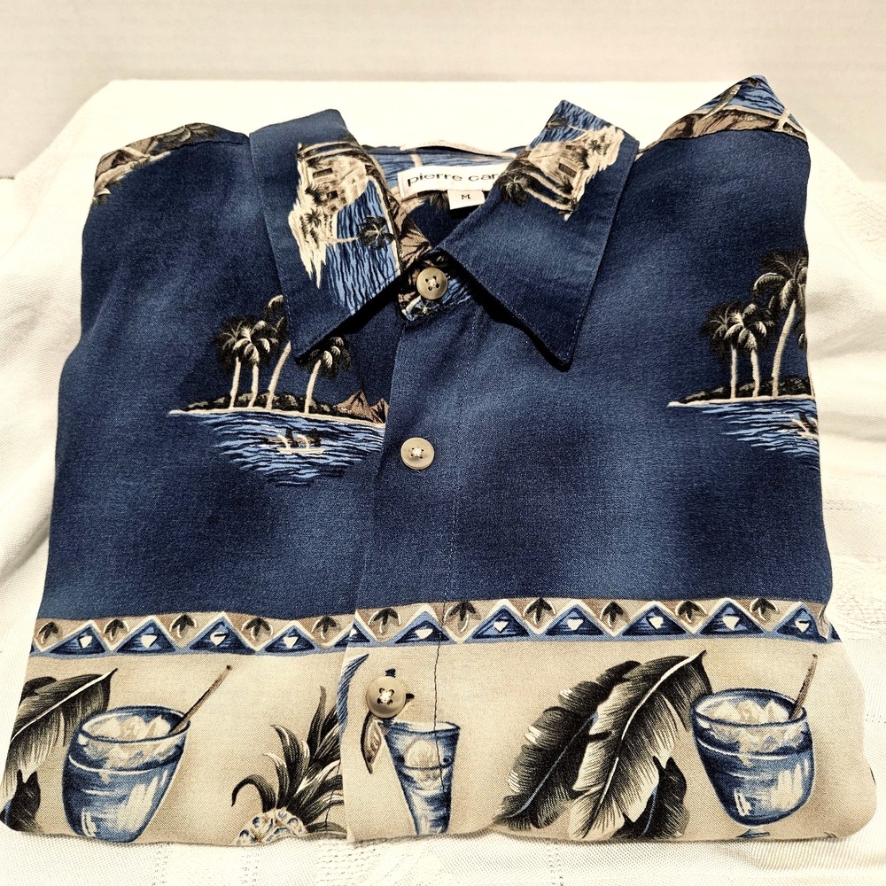 Pierre Cardin Men's M Hawaiian Shirt Blue w/ Tropical Scenes 100% Rayon